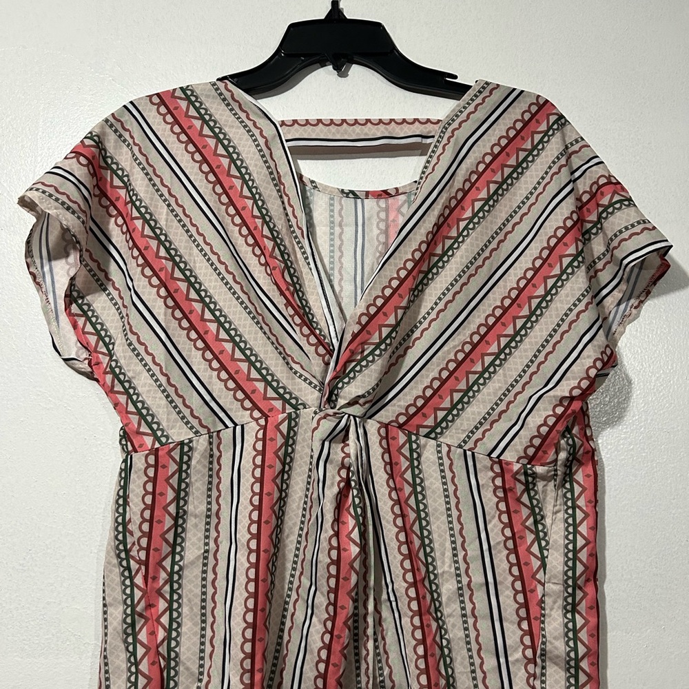 SHEIN Coral, Cream & Olive Striped Tie-Front Tunic